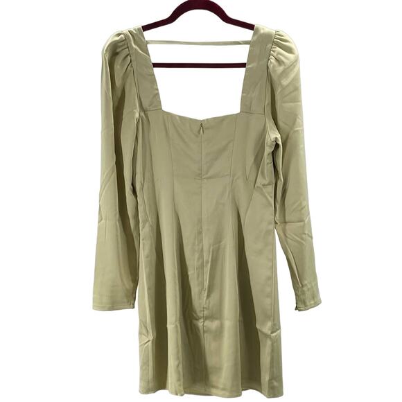 DANIELLE BERNSTEIN M sage green satin long sleeve square neck mini dress NWT B19 - Picture 3 of 6